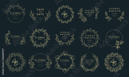Luxury hand drawn floral frames. Elegant vintage wreath set. Vector illustration for label, corporate identity, logo, branding, wedding invitation, greeting card, save the date