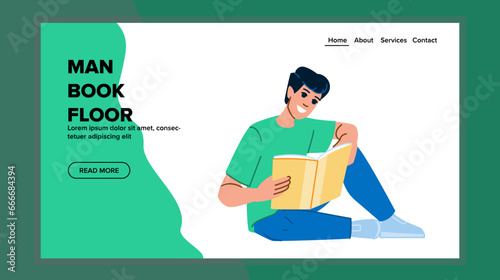smiling man book floor vector. young happy, male home, education guy smiling man book floor web flat cartoon illustration