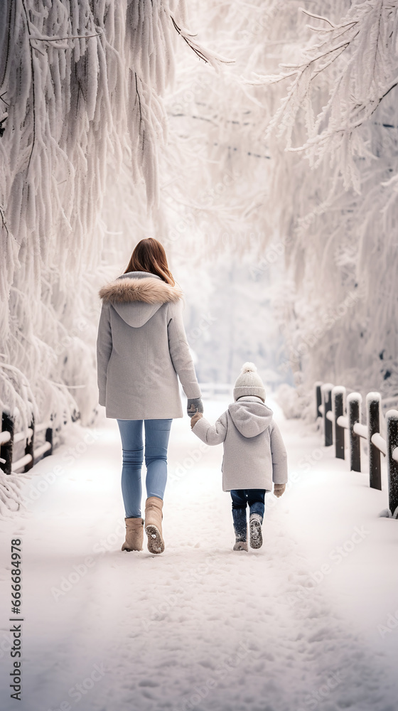 mother and son walking in the snow