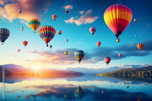 Colorful hot air balloons floating in the sky. Generative AI