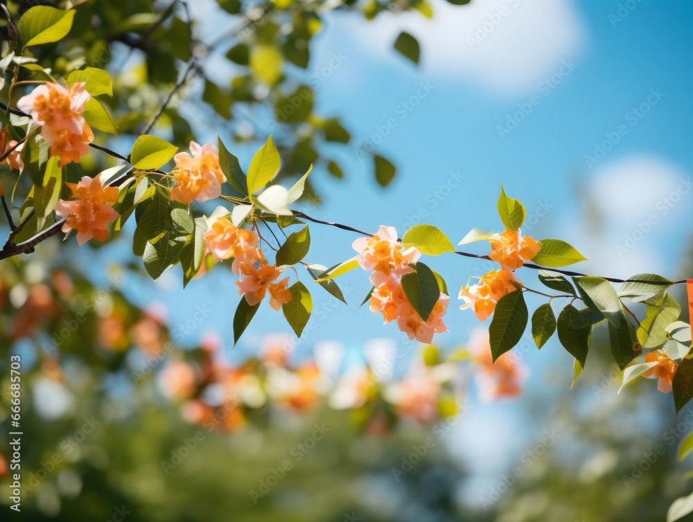 Colorful bunting flags hanging on a tree branch in the garden Colorful bunting flags hanging on a tree branch in the garden