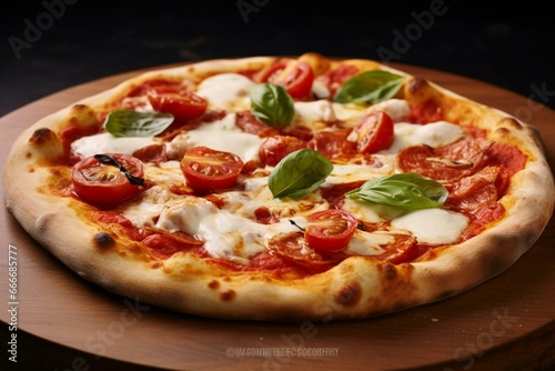 Classic Italian pizza topped with tomato, mozzarella, and basil leaves. Generative AI