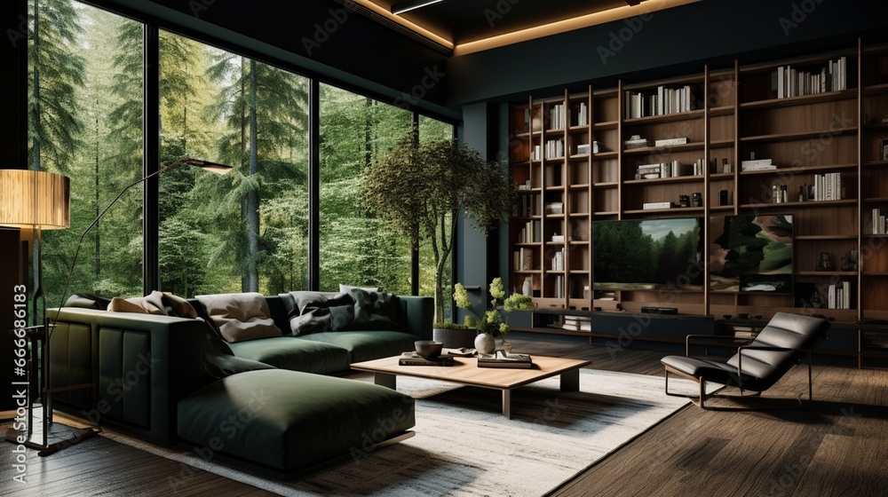 Eleganckie proste wnętrze pokoju salonu z dużymi oknami i zieloną sofą - obrazy, fototapety, plakaty 