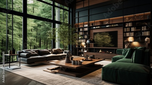 Eleganckie proste wnętrze pokoju salonu z dużymi oknami i zieloną sofą