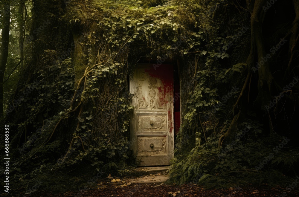 Subject emerges from secret door to secret room in the dark forest Subject emerges from secret door to secret room in the dark forest