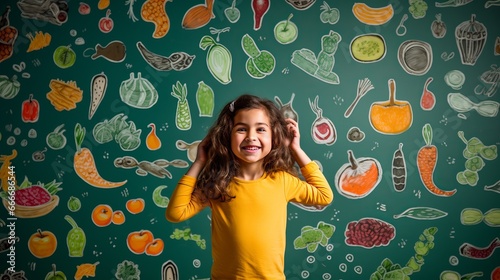 A child in a cute outfit imagines various foods on a textured wall background with a set of infographics in front of them.