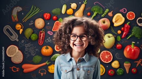 A child in a cute outfit imagines various foods on a textured wall background with a set of infographics in front of them. photo