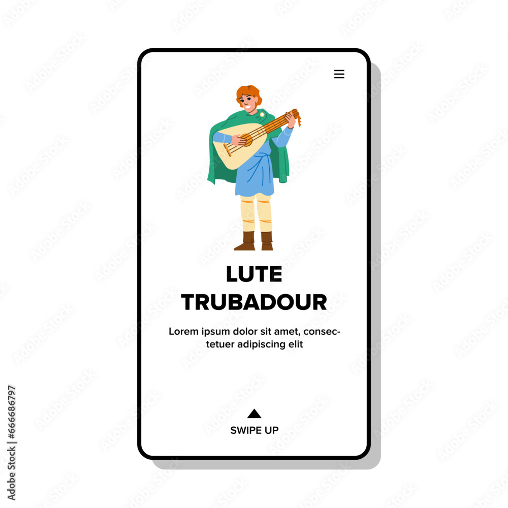 minstrel lute trubadour vector. troubadour music, instrument ancient, musical renaissance minstrel lute trubadour web flat cartoon illustration