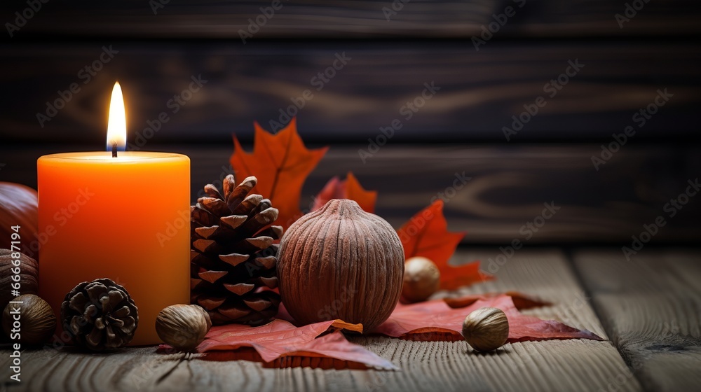 A close-up of an orange candle that isn't lit on a dark wooden table next to nuts and autumn leaves. The background is black and there's a horizontal copy space. - obrazy, fototapety, plakaty 