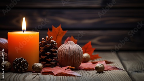A close-up of an orange candle that isn't lit on a dark wooden table next to nuts and autumn leaves. The background is black and there's a horizontal copy space.