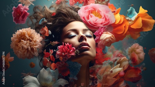 A collage of abstract contemporary surreal art that depicts a young woman with flowers