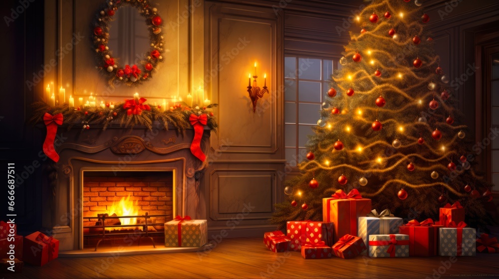 Home Christmas: Magical Interior Decor with Glowing Tree, Fireplace, and Gifts