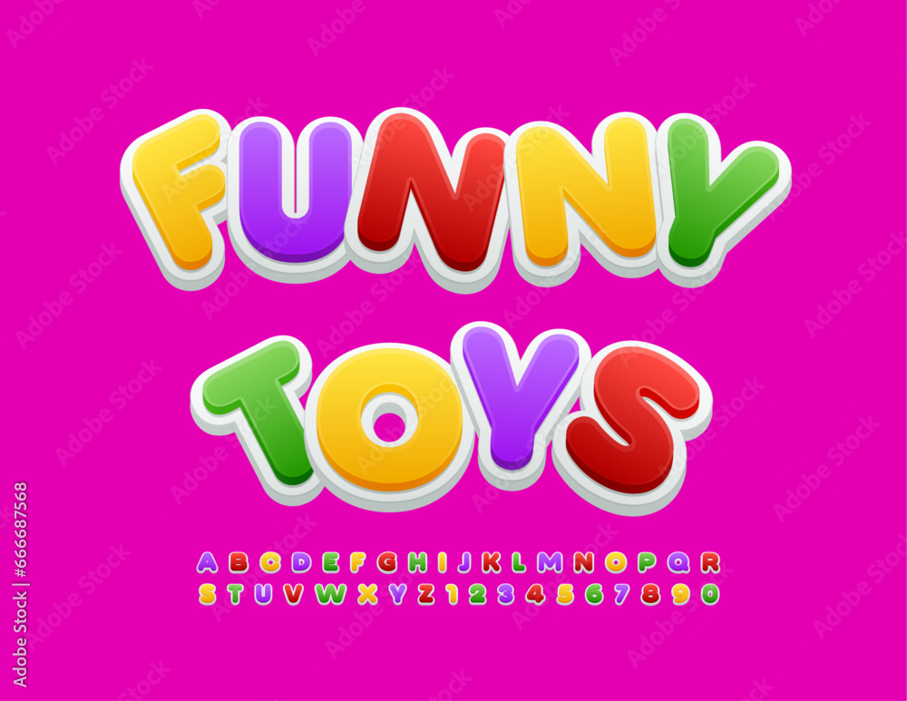 Vector playful logo Funny Toys. Bright Kids Font. Cute Colorful Alphabet Letters, Numbers and Symbols