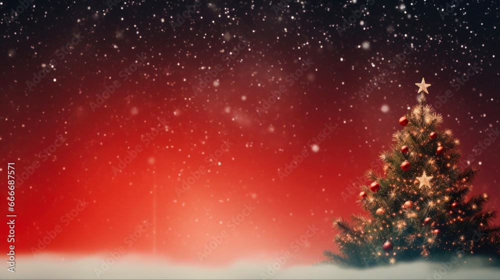 Christmas Card Design: Festive Greetings with Sparkling Bokeh Lights and Xmas Tree on Red Canvas Background. Winter Holiday Theme for Merry Christmas and Happy New Year. Christmas Card Design: Festive Greetings with Sparkling Bokeh Lights and Xmas Tree on Red Canvas Background. Winter Holiday Theme for Merry Christmas and Happy New Year.