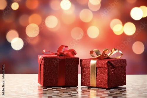 Christmas Packages: Two Red Gift Boxes Illuminated by Festive Colored Background with Bokeh Lights © AIGen