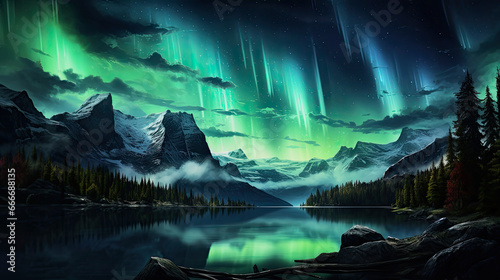 illustration of a northern mountain landscape with aurora borealis over a calm lake © Claudia Nass