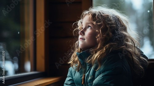 A girl wearing a comfortable Norwegian jumper is gazing out the window of a cabin.