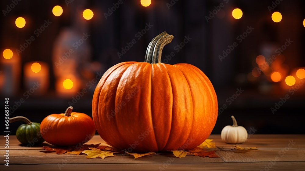 A large orange pumpkin sits on an oak table in a dark Halloween setting. A large orange pumpkin sits on an oak table in a dark Halloween setting.