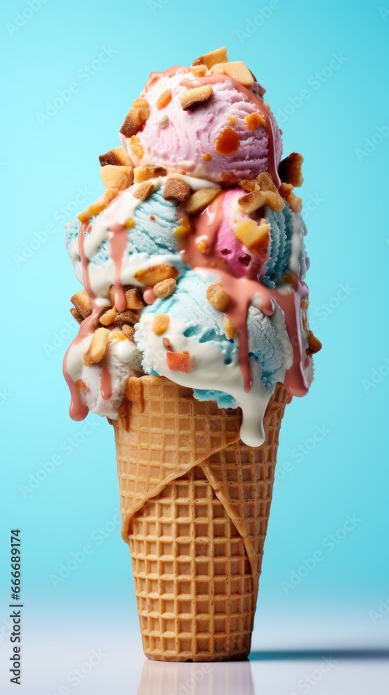 ice cream in waffle cone with nuts and cream on blue background. Various of Ice Cream Flavor. Summer and Sweet Menu Concept.. Background with a copy space.