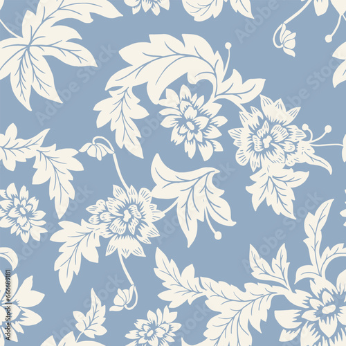 Seamless pattern. Vector graphic flowers on light blue background.Silhouette white dahlia. 