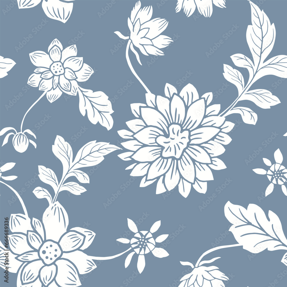 Vector collection of dahlias. Hand drawn vector illustration of flowers on blue background. For decoration invitations, tattoo, greeting cards and another print.