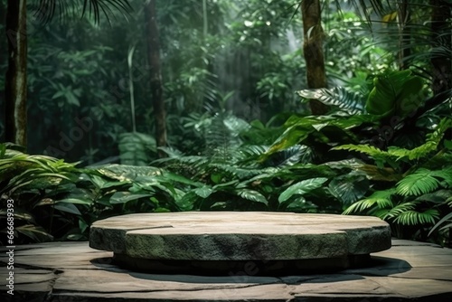 tone platform in tropical forest for product presentatio  #666689393