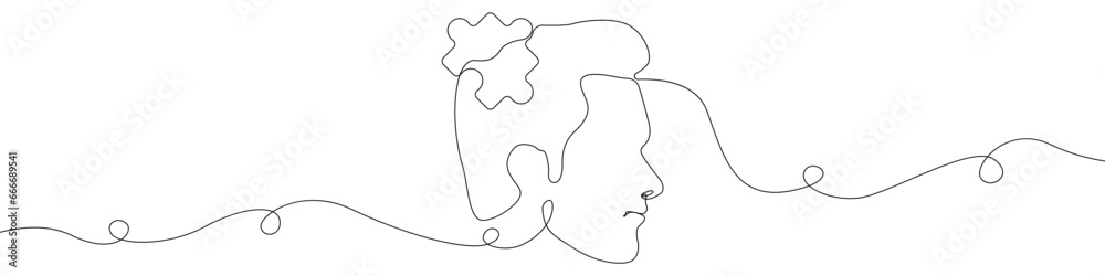A man's head with an idea icon line continuous drawing vector. One line Thoughts in the head icon vector background. Human head with a puzzle icon. Continuous outline of a head with an idea.
