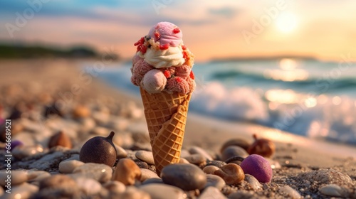 Ice cream cone on the beach in the evening with sea background. Various of Ice Cream Flavor. Summer and Sweet Menu Concept.. Background with a copy space. © John Martin