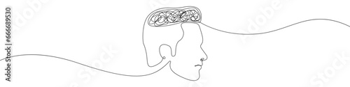 The man's head is in thought icon line continuous drawing vector. One line clouded mind icon vector background. Confusion of the brain icon. Continuous outline of a depression in a person's head.
