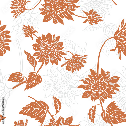 seamless orange sunflower drawing pattern on white background, sunflower flowers in monochrome colors, ornament for wallpaper and fabrics, scrapbooking, textile. © Dharsi