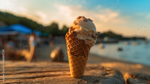 ice cream in a waffle cone on the beach with sunset background. Various of Ice Cream Flavor. Summer and Sweet Menu Concept.. Background with a copy space.