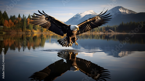 An eagle with spread wings in the air above the water surface. Reflection of a bird on the water. Background nature, mountains and forest.