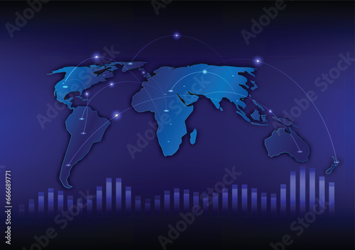 World map with nodes linked by lines with graph. Easily transmit information across continents or cloud computing concept. Vector illustration.