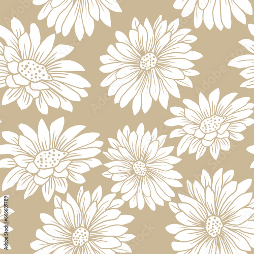 Abstract chrysanthemum flowers seamless pattern. summer garden flower on beige background. Hand drawn illustration.