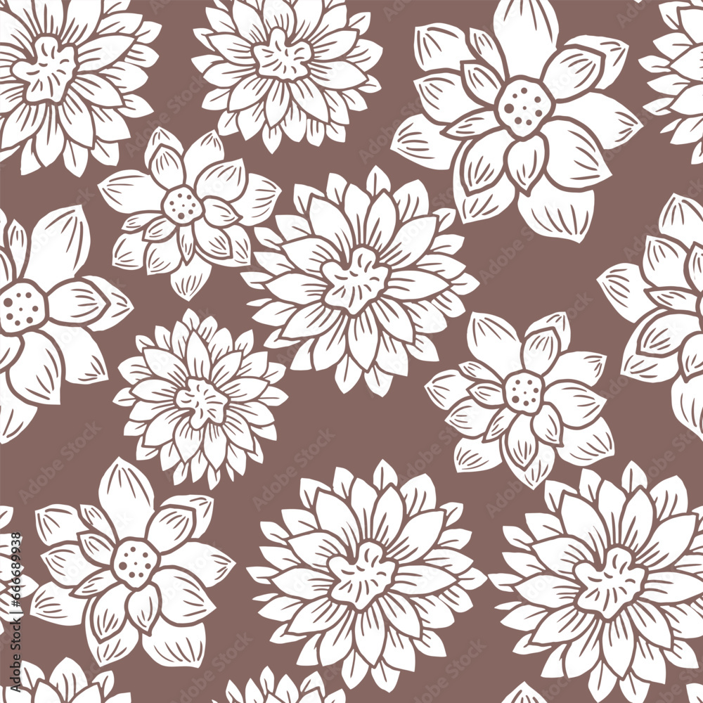 Floral seamless pattern with hand drawn Dahlia flowers. Bright vector floral brown background in pastel colors. Flat drawing in modern style. Botanical trendy ornament. Summer motif.