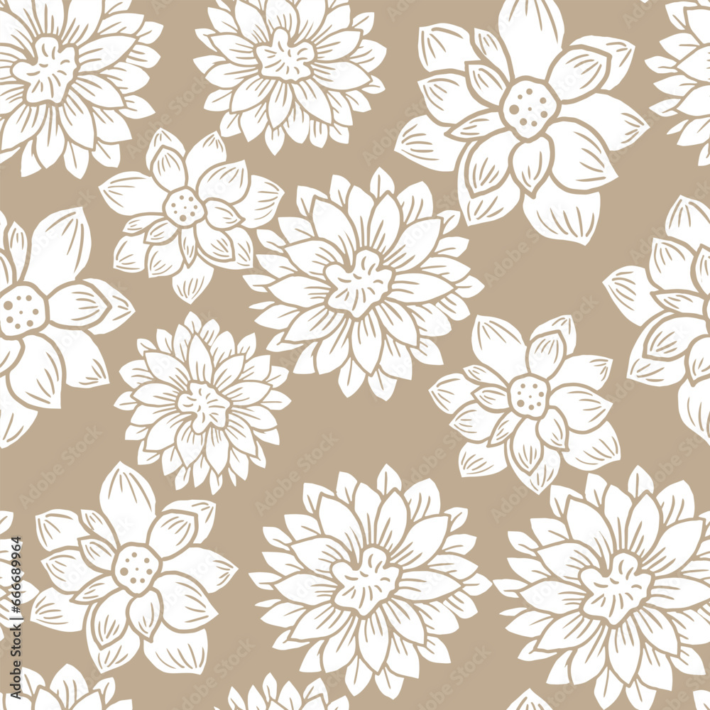 Floral seamless pattern with hand drawn Dahlia flowers. Bright vector floral beige background in pastel colors. Flat drawing in modern style. Botanical trendy ornament. Summer motif.