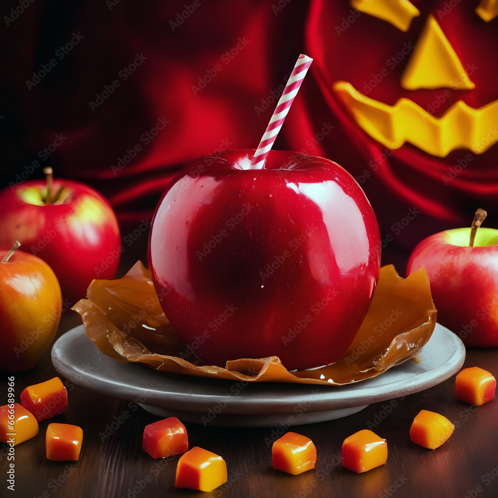 Manzana roja de caramelo para Halloween. Postre dulce de fruta para ...