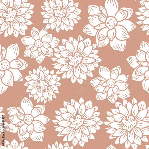 Floral seamless pattern with hand drawn Dahlia flowers. Bright vector floral pastel pink background in pastel colors. Flat drawing in modern style. Botanical trendy ornament. Summer motif.