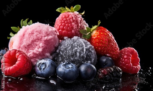 ice cream with fresh berries on a black background. close-up. Various of Ice Cream Flavor. Summer and Sweet Menu Concept.. Background with a copy space.