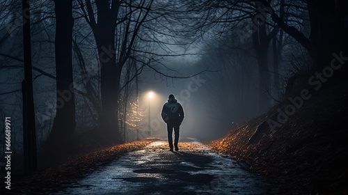 A man walks through a mysterious, dramatic and warmly colored scene on a misty, foggy road.