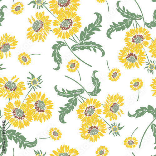 Sunflowers seamless pattern. Vector summer Sunflowers illustration bunch, Black and White Floral outline set, Sunflower summer clipart