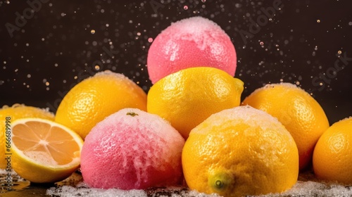 Frozen lemons and oranges with ice crystals on a dark background. Various of Ice Cream Flavor. Summer and Sweet Menu Concept.. Background with a copy space.