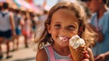 Adorable little girl eating ice cream at summer beach party. Selective focus. Various of Ice Cream Flavor. Summer and Sweet Menu Concept.. Background with a copy space.
