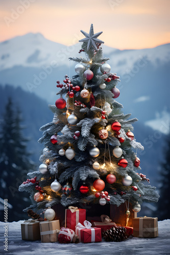A snow-covered Christmas scene with a decorated tree outside. Magical winter scene. photo