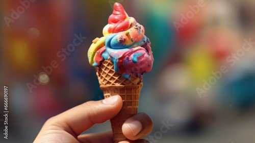 Ice cream cone with colorful ice cream in hand on blurred background. Various of Ice Cream Flavor. Summer and Sweet Menu Concept.. Background with a copy space.