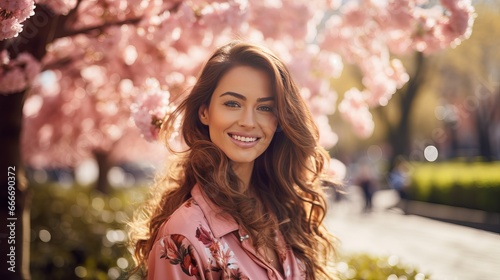 A photo showing a positive brunette smiling with spring flowers and trees. She is enjoying the outdoors in a park located on a street. © Khalida