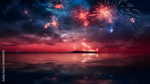 Colorful fireworks over the sea and cityscape at sunset background.