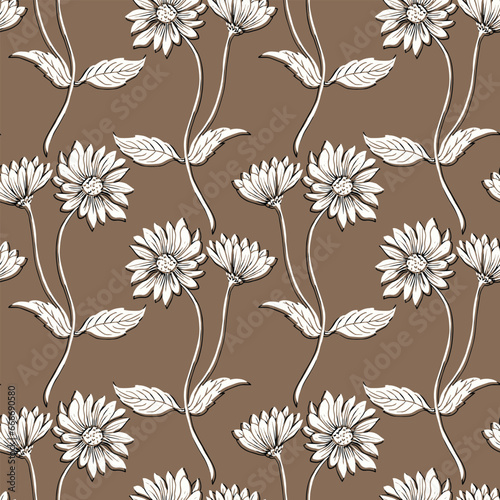 Vector seamless pattern with Flowers white line on brown background. Summer, floral, botanical print in doodle style.Design for textiles,fabric,wrapping