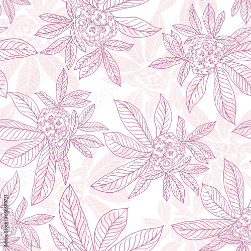 Seamless pink line drawing rhododendrons, ornamental and medicinal plants. Hand drawn botanical vector illustration on white background