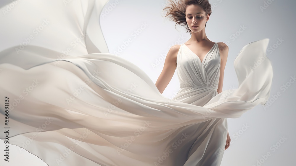 A fashion model is seen flying in the wind over a light gray background while wearing a long silk gown with chiffon fabric that resembles a cloud in a creative pure white dress. - obrazy, fototapety, plakaty 